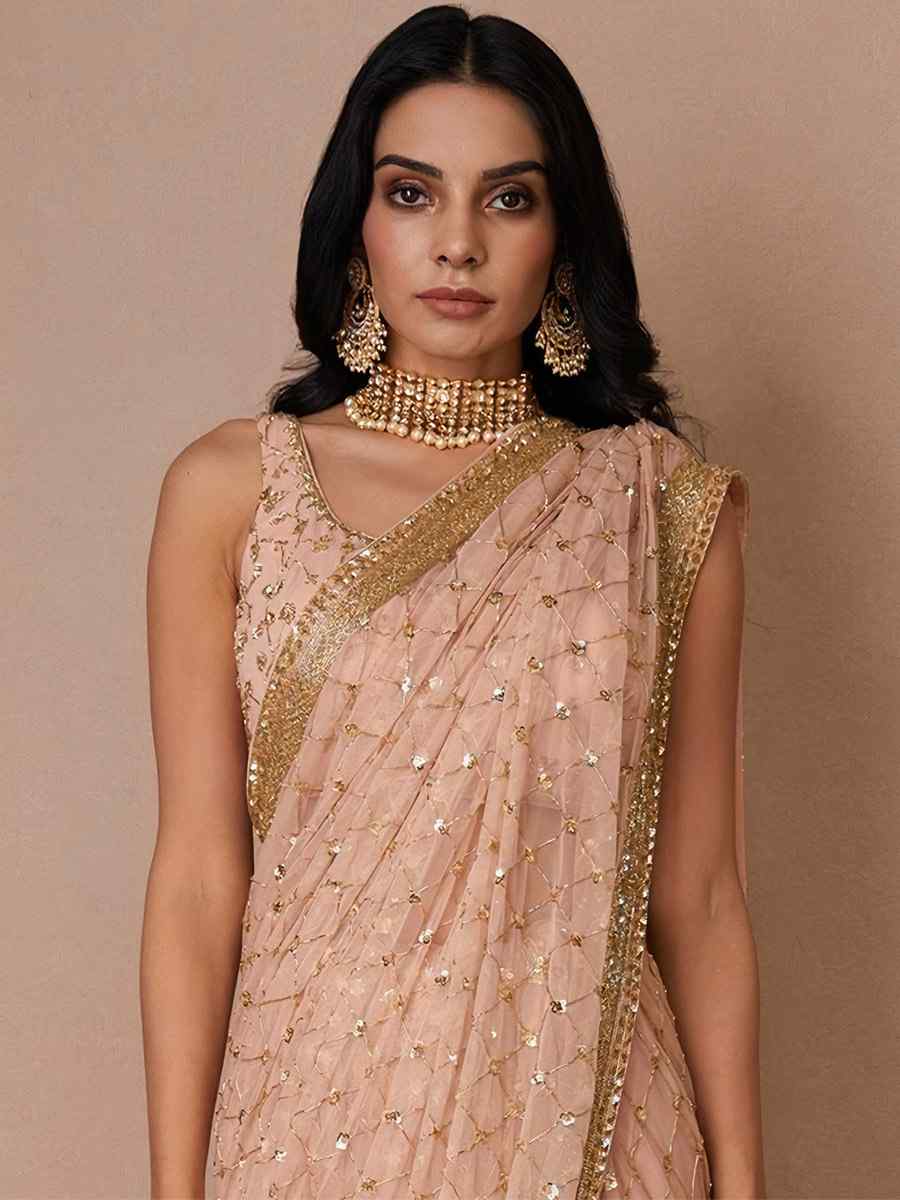 Light Pink Butterfly Soft Net Sequins Party Festival Classic Style Saree
