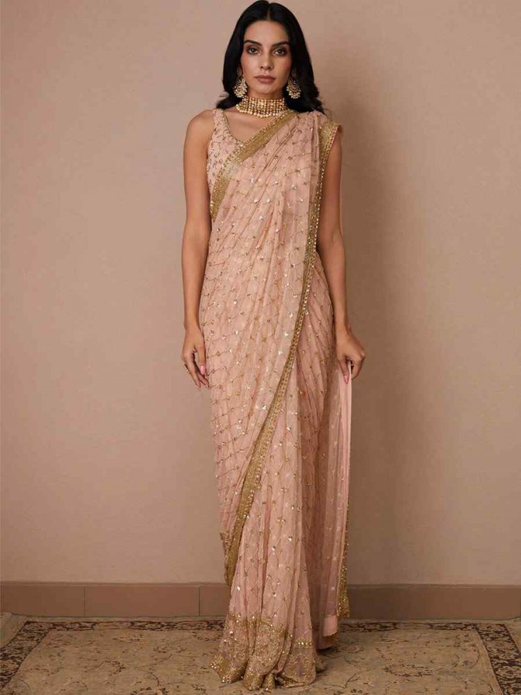 Light Pink Butterfly Soft Net Sequins Party Festival Classic Style Saree