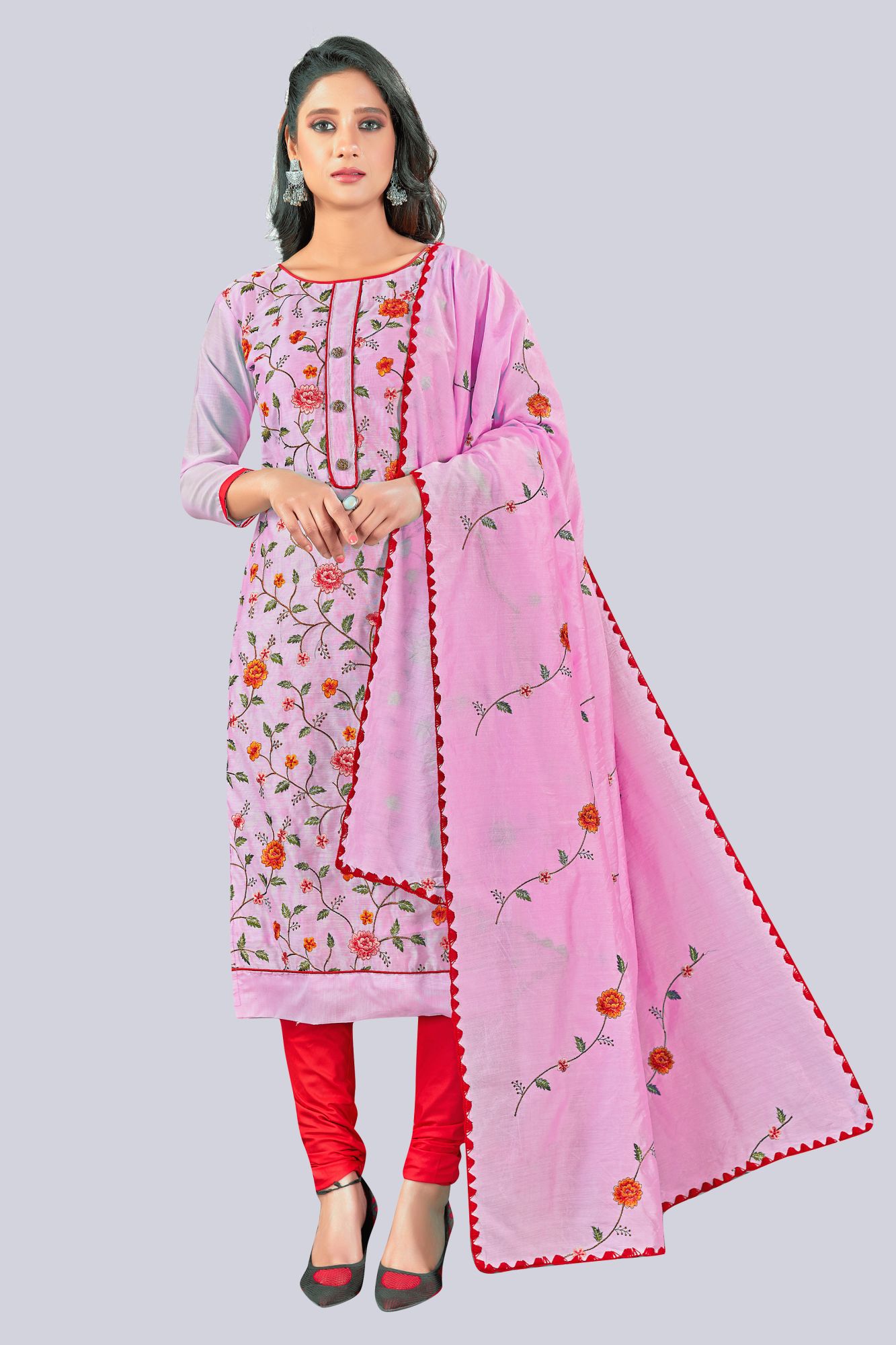 Light Pink Chanderi Embroidered Festival Party Churidar Salwar Kameez