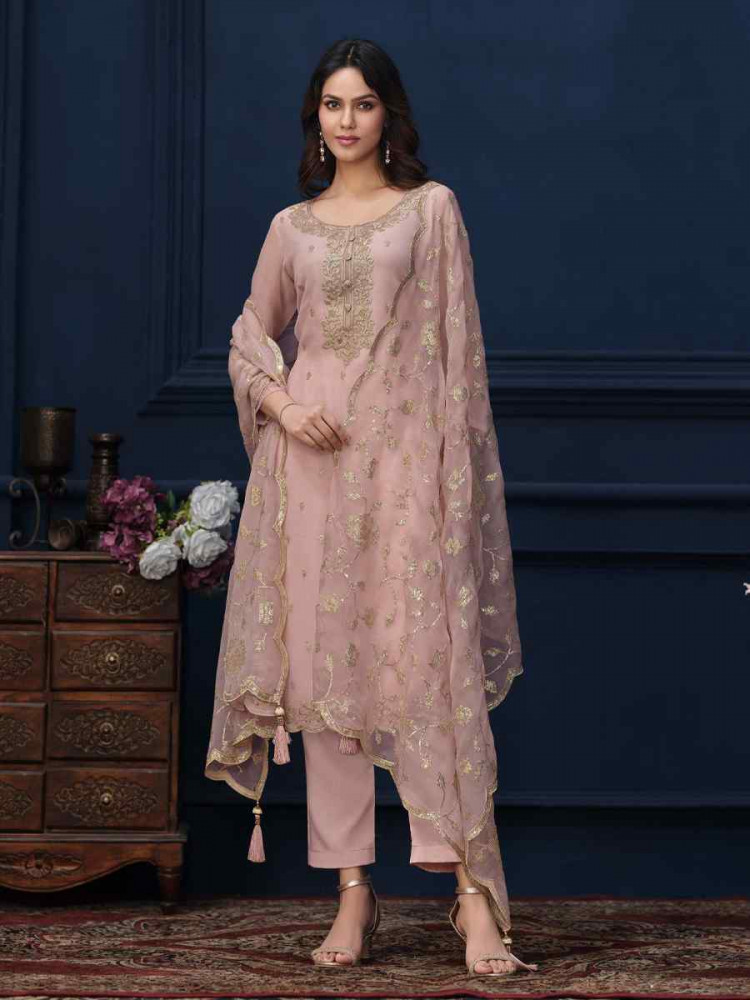 Light Pink Chiffon Organza Embroidered Festival Wedding Pant Salwar Kameez