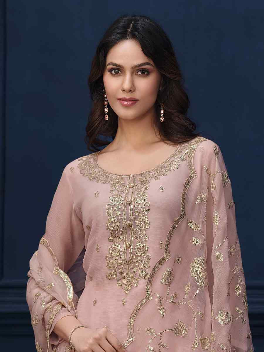 Light Pink Chiffon Organza Embroidered Festival Wedding Pant Salwar Kameez