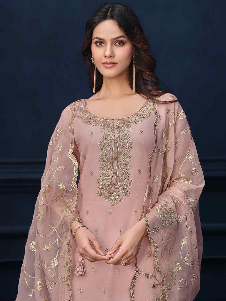 Light Pink Chiffon Organza Embroidered Festival Wedding Pant Salwar Kameez