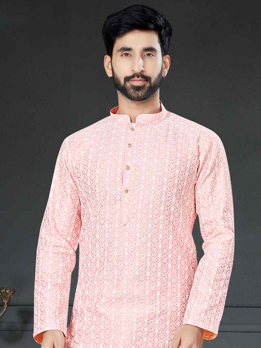 Light pink Cotton Art Silk Woven Festival Kurta