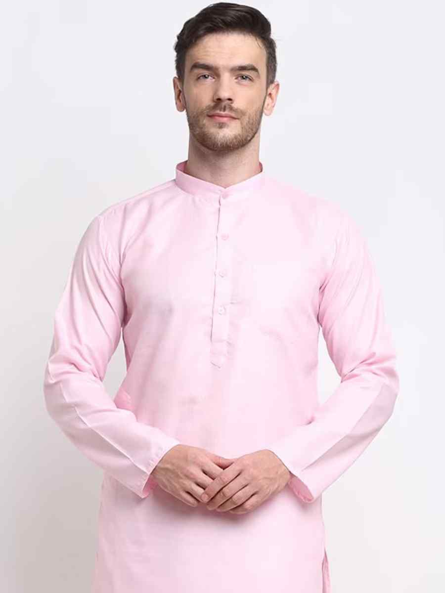 Light Pink Cotton Blend Plain Festival Casual Kurta