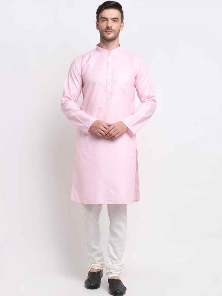 Light Pink Cotton Blend Plain Festival Casual Kurta