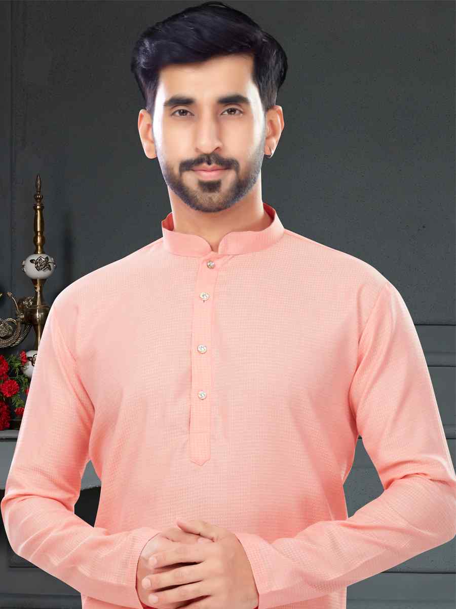 Light Pink Cotton Jecquard Printed Festival Party Kurta