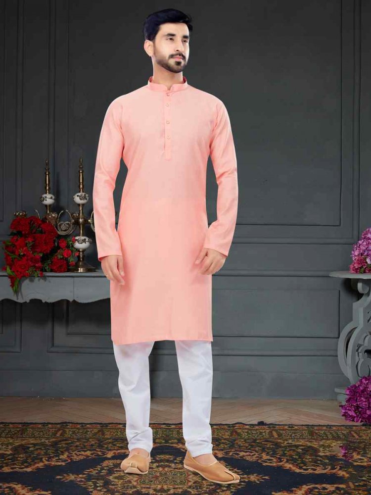 Light Pink Cotton Jecquard Printed Festival Party Kurta