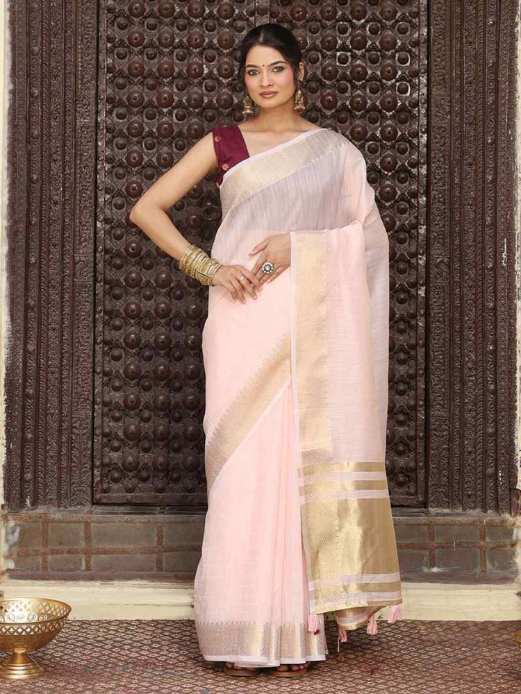 Image of Light Pink Cotton Plain Zari Work Casual Reception Festival Wedding Fancy Classic Style Sarees