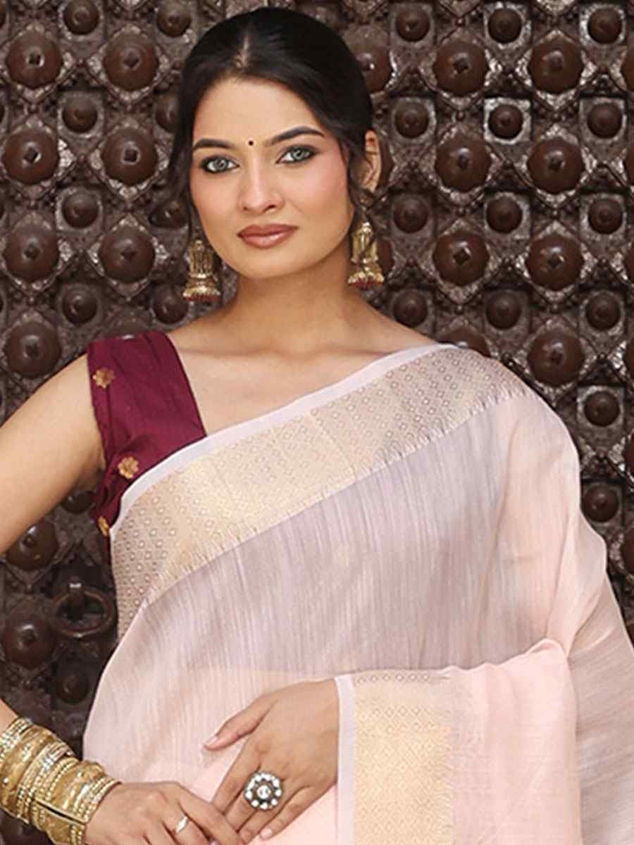 Light Pink Cotton Plain Zari Work Casual Reception Festival Wedding Fancy Classic Style Sarees