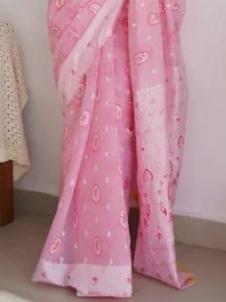 Light Pink Cotton Printed Casual Festival Contemporary Saree