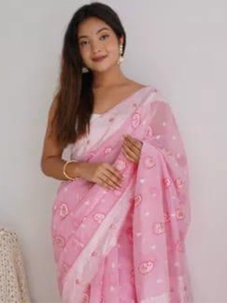 Light Pink Cotton Printed Casual Festival Contemporary Saree