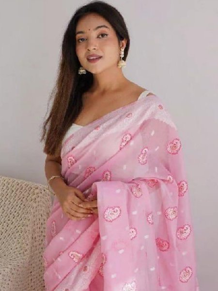 Light Pink Cotton Printed Casual Festival Contemporary Saree