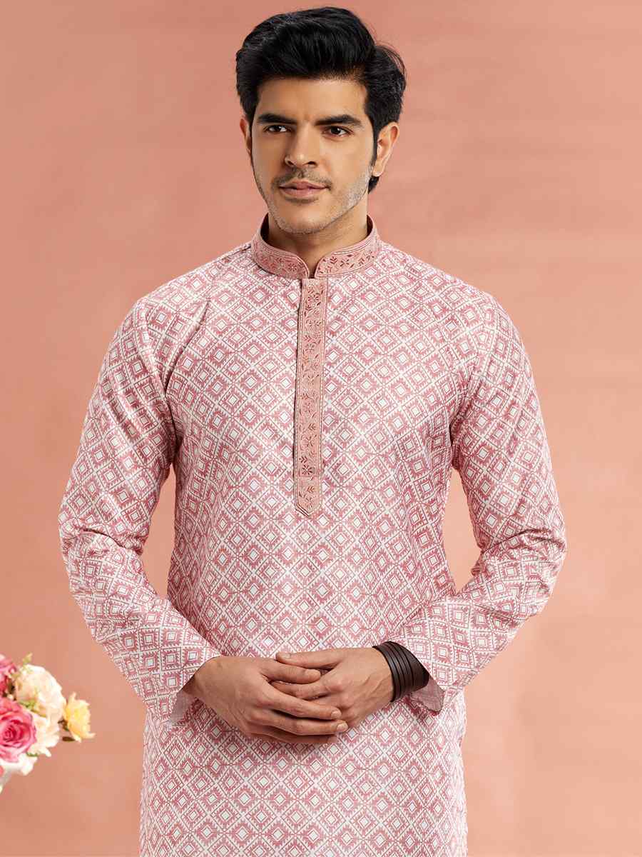 Light Pink Cotton Printed Festival Casual Kurta