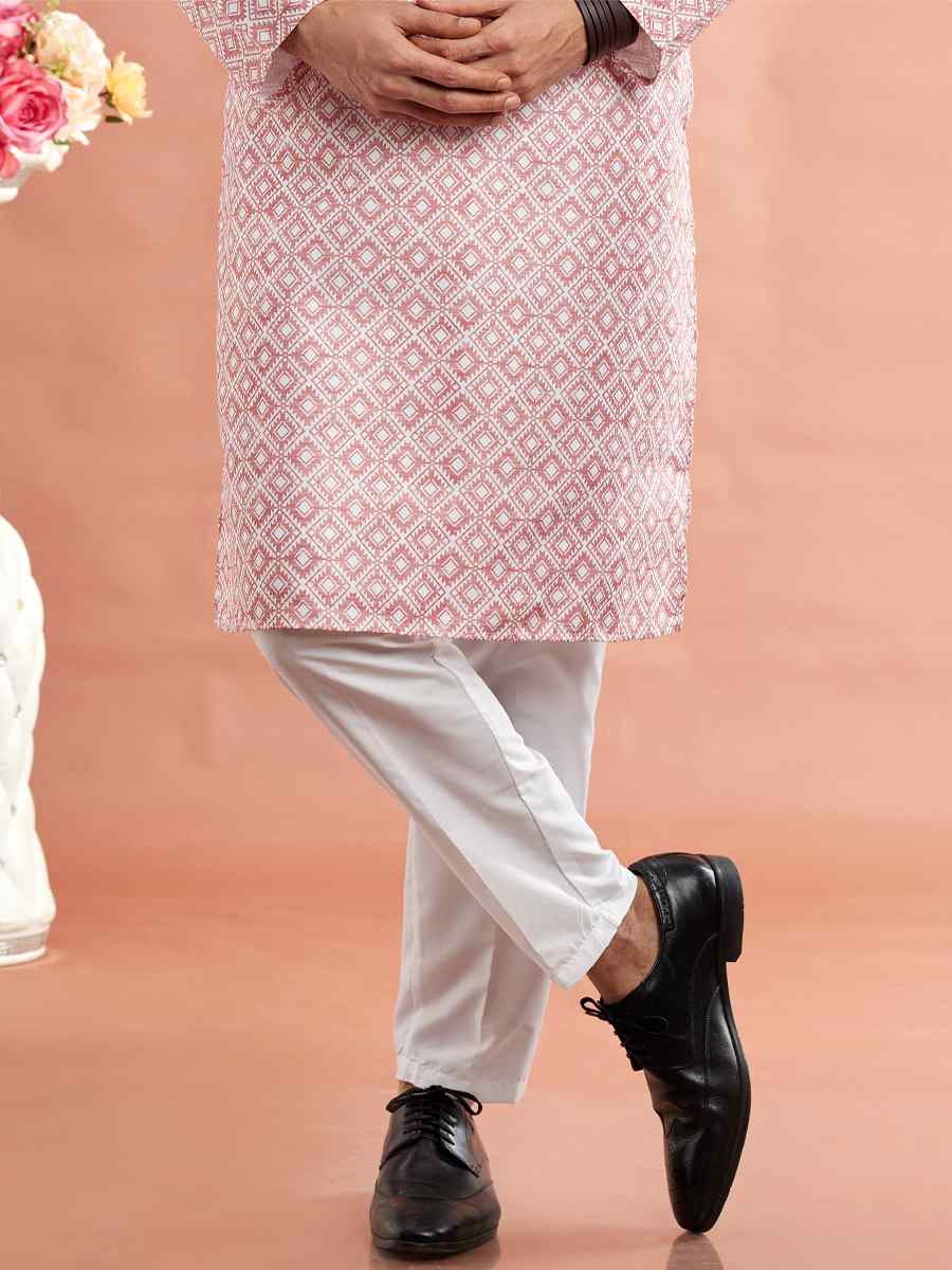 Light Pink Cotton Printed Festival Casual Kurta