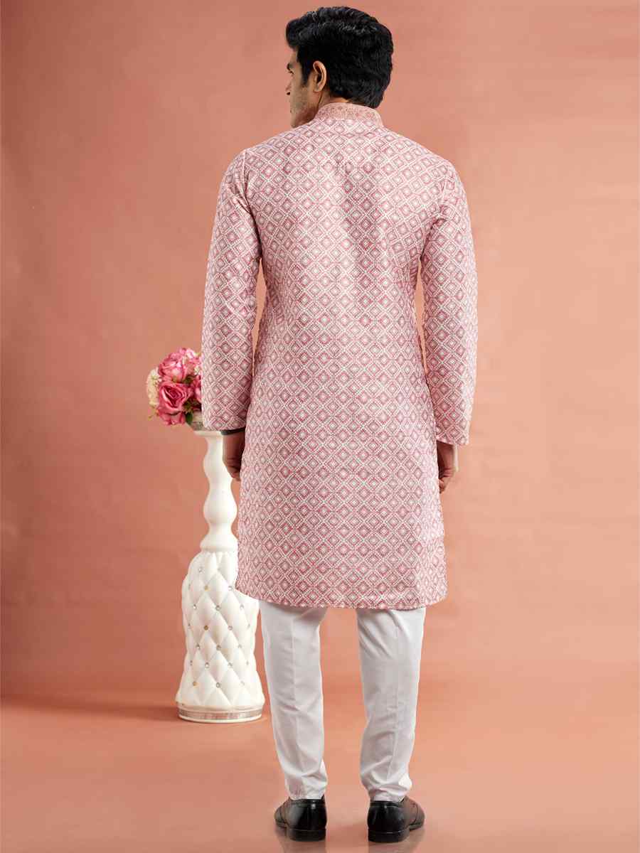 Light Pink Cotton Printed Festival Casual Kurta