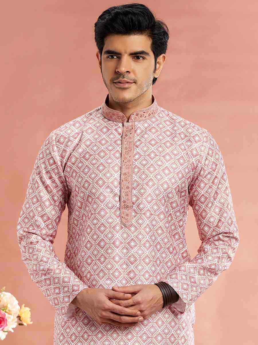 Light Pink Cotton Printed Festival Casual Kurta