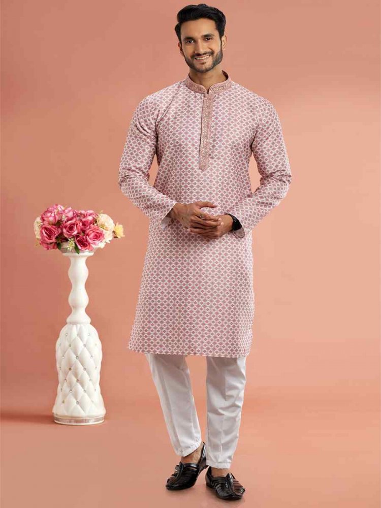 Light Pink Cotton Printed Festival Casual Kurta