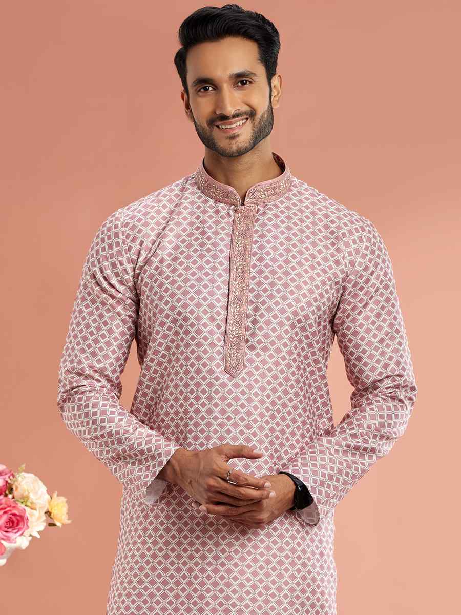 Light Pink Cotton Printed Festival Casual Kurta