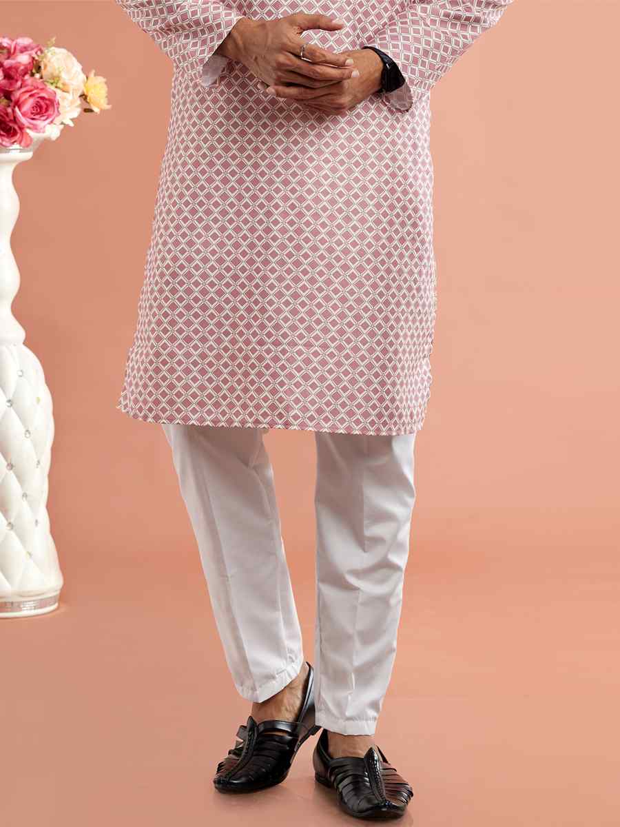 Light Pink Cotton Printed Festival Casual Kurta