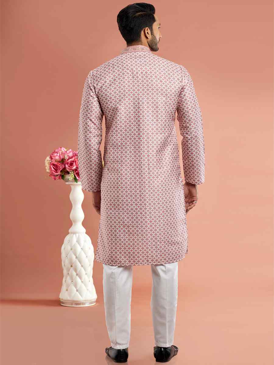 Light Pink Cotton Printed Festival Casual Kurta