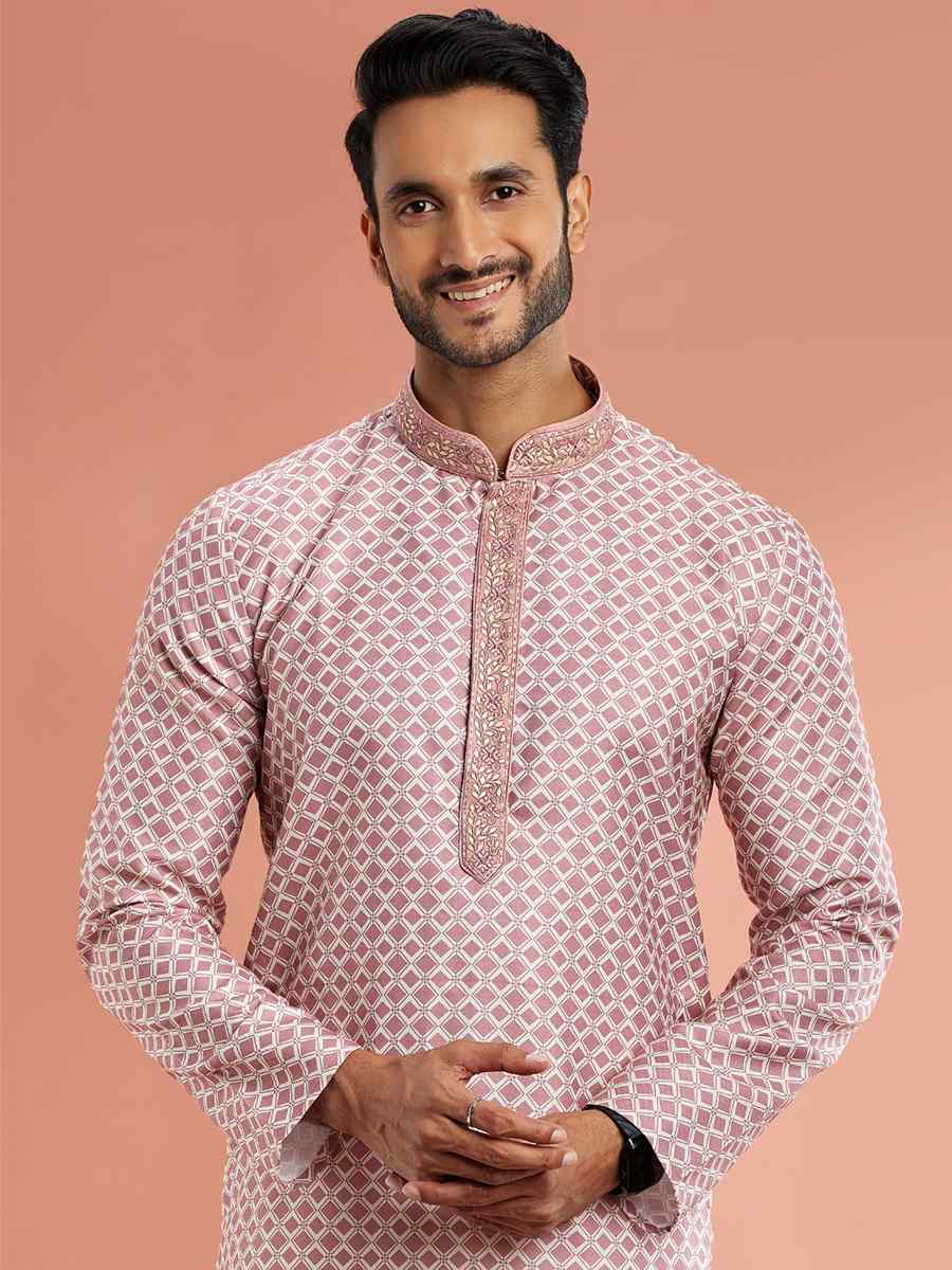 Light Pink Cotton Printed Festival Casual Kurta