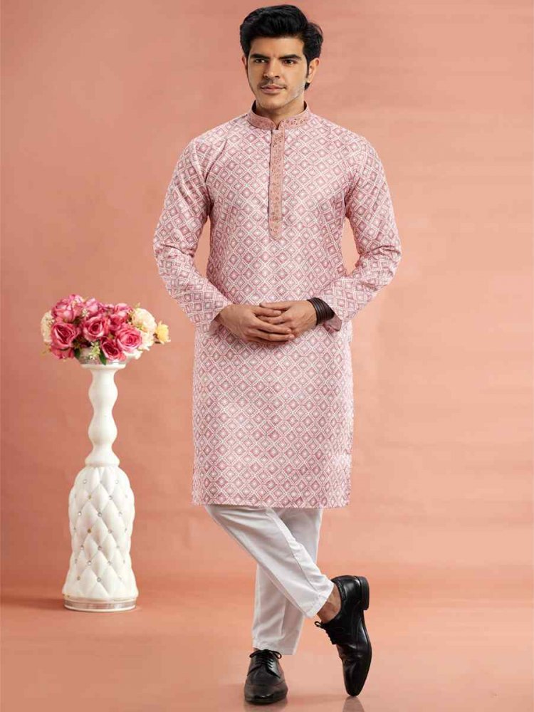 Light Pink Cotton Printed Festival Casual Kurta