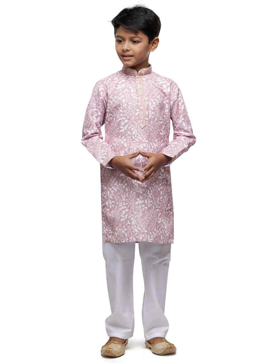 Light Pink Cotton Printed Festival Party Kurta