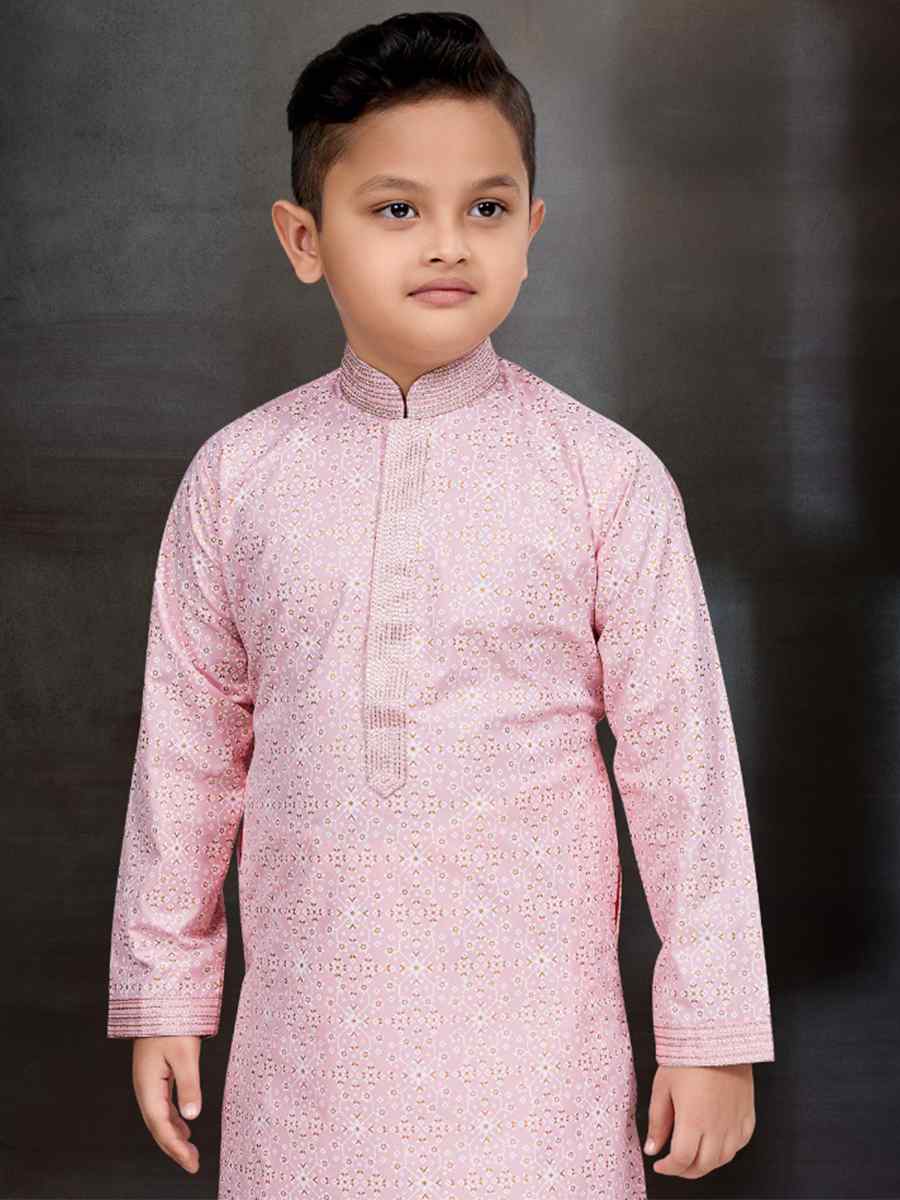 Light Pink Cotton Printed Festival Traditional Kurta Pyjama Boys Wear