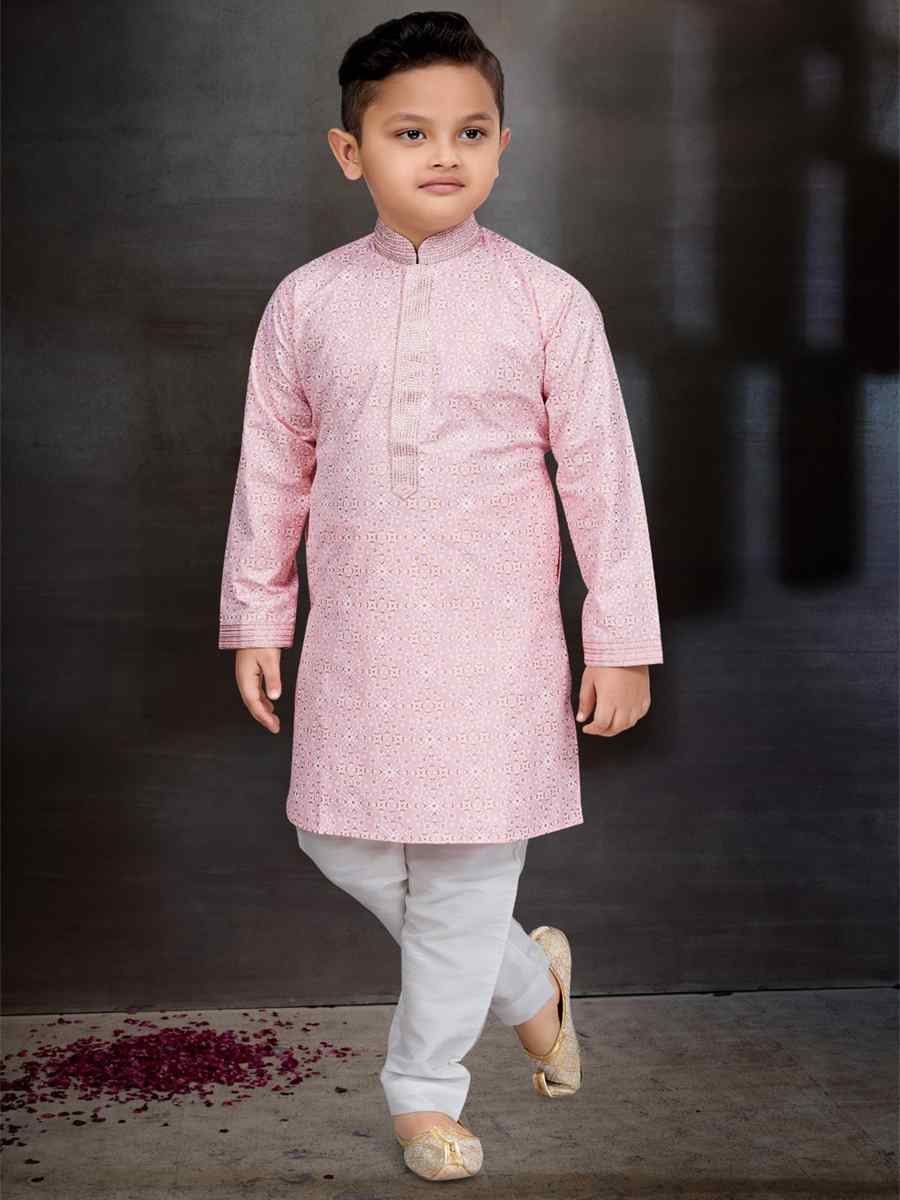 Light Pink Cotton Printed Festival Traditional Kurta Pyjama Boys Wear