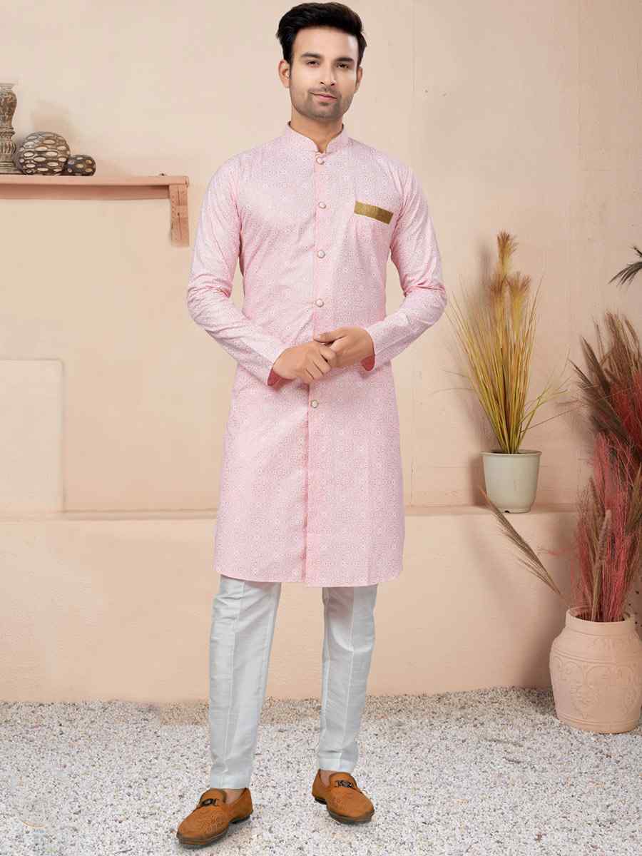 Light Pink Cotton Printed Wedding Festival Sherwani