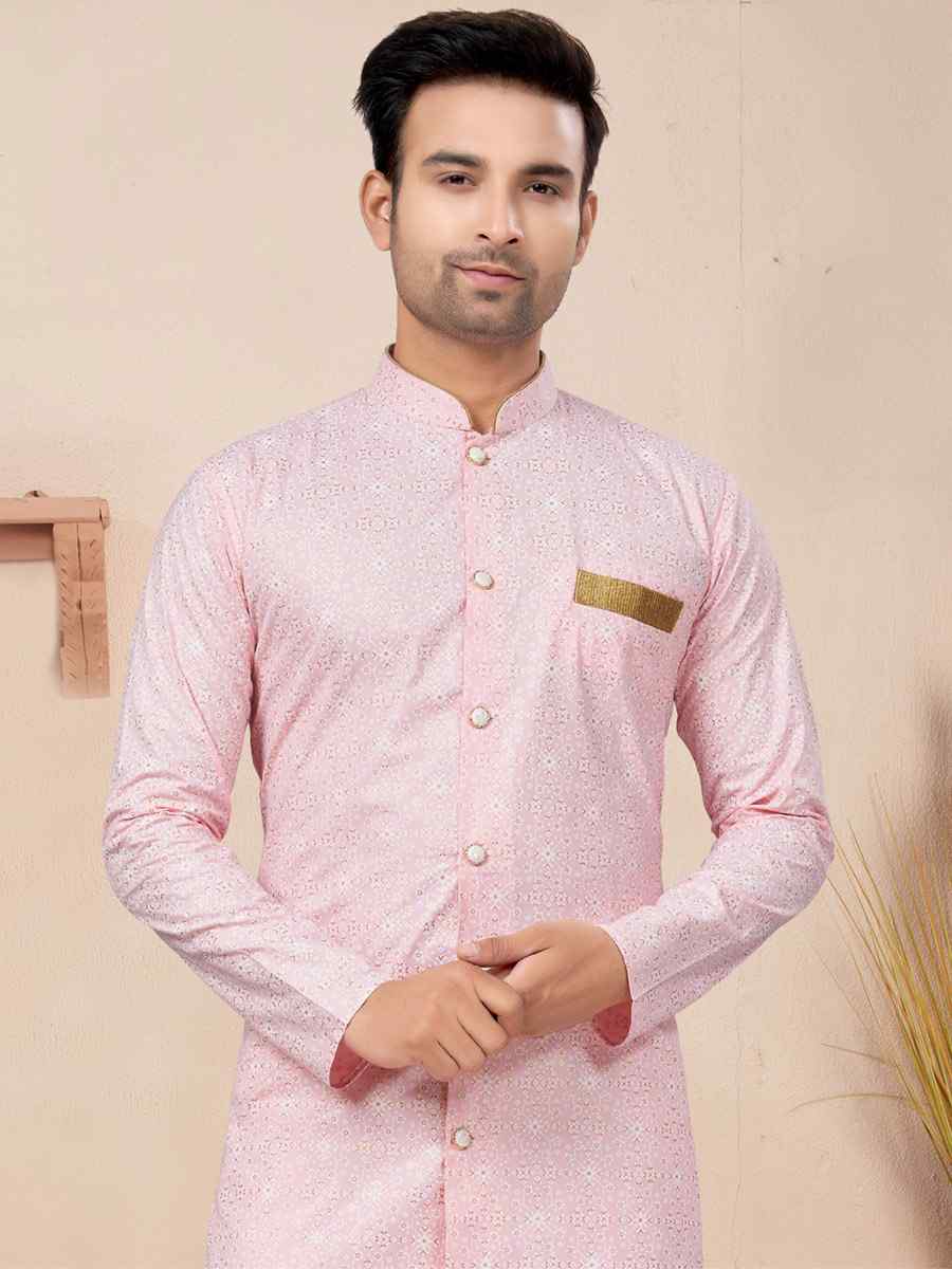 Light Pink Cotton Printed Wedding Festival Sherwani