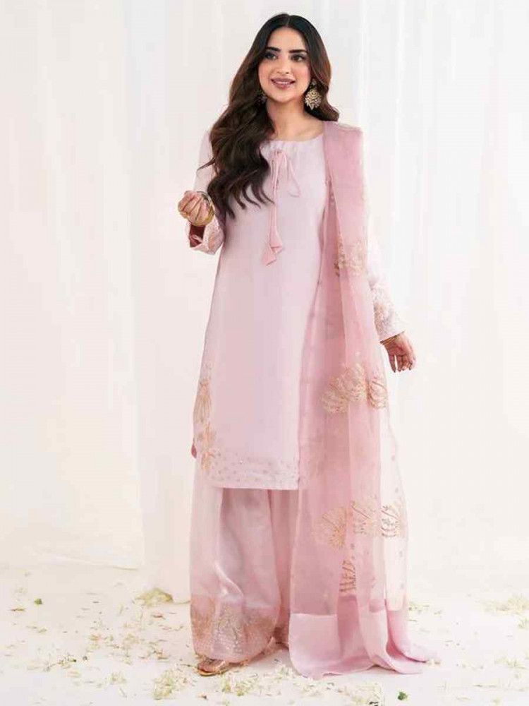 Image of Light Pink Crunchy Silk Plain with Embroidery Party Wedding Festival Casual Ready Pant Salwar Kameez