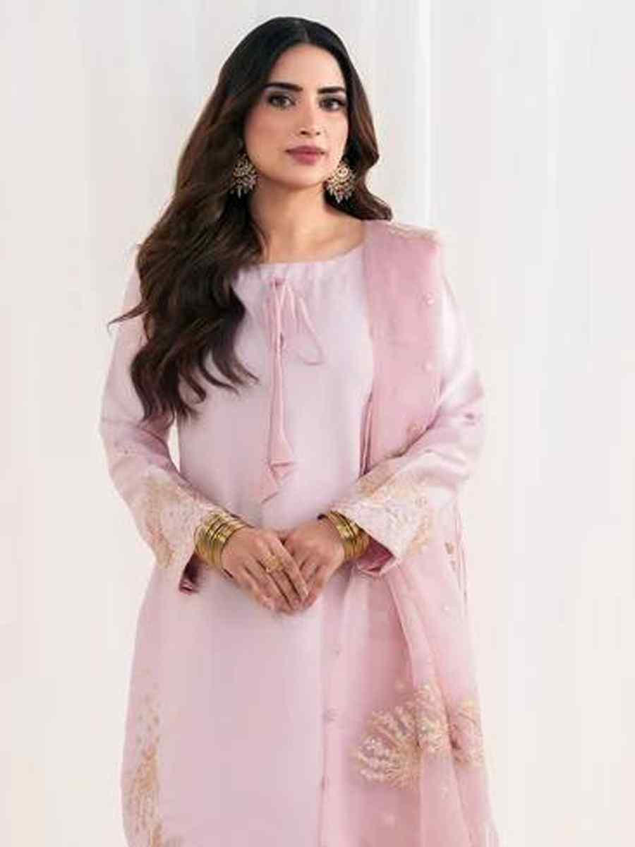 Light Pink Crunchy Silk Plain with Embroidery Party Wedding Festival Casual Ready Pant Salwar Kameez
