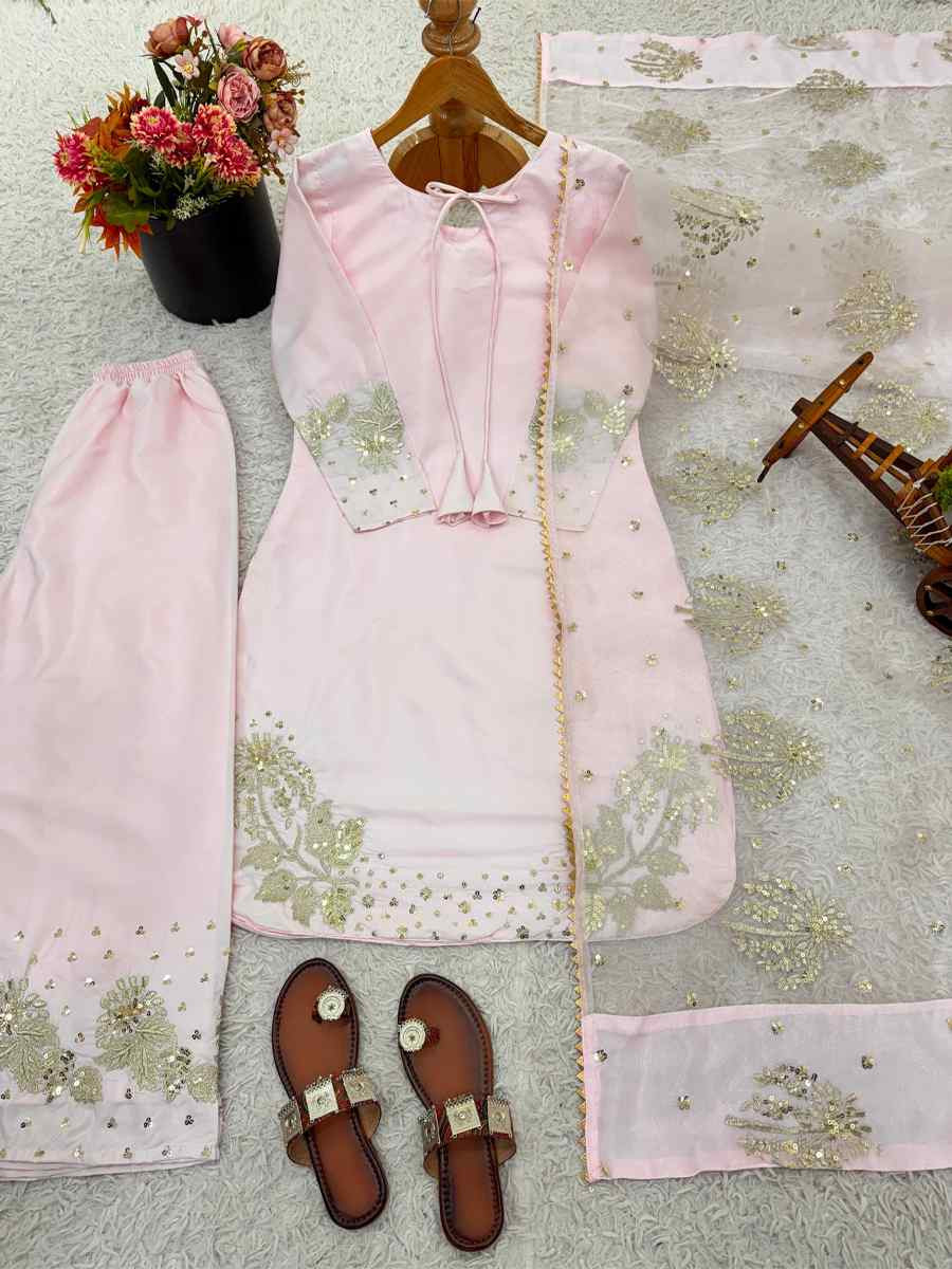 Light Pink Crunchy Silk Plain with Embroidery Party Wedding Festival Casual Ready Pant Salwar Kameez