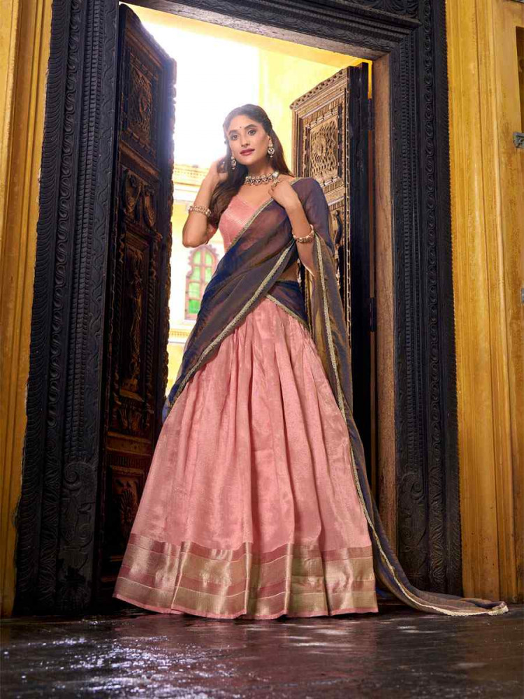 Image of Light Pink Dhupion Silk Zari Wedding Reception Festival Heavy Border Lehenga Choli
