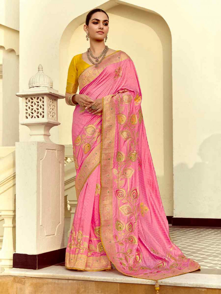Light Pink Dola Silk Handwoven With Handwork Festival Wedding Fancy Heavy Border Saree