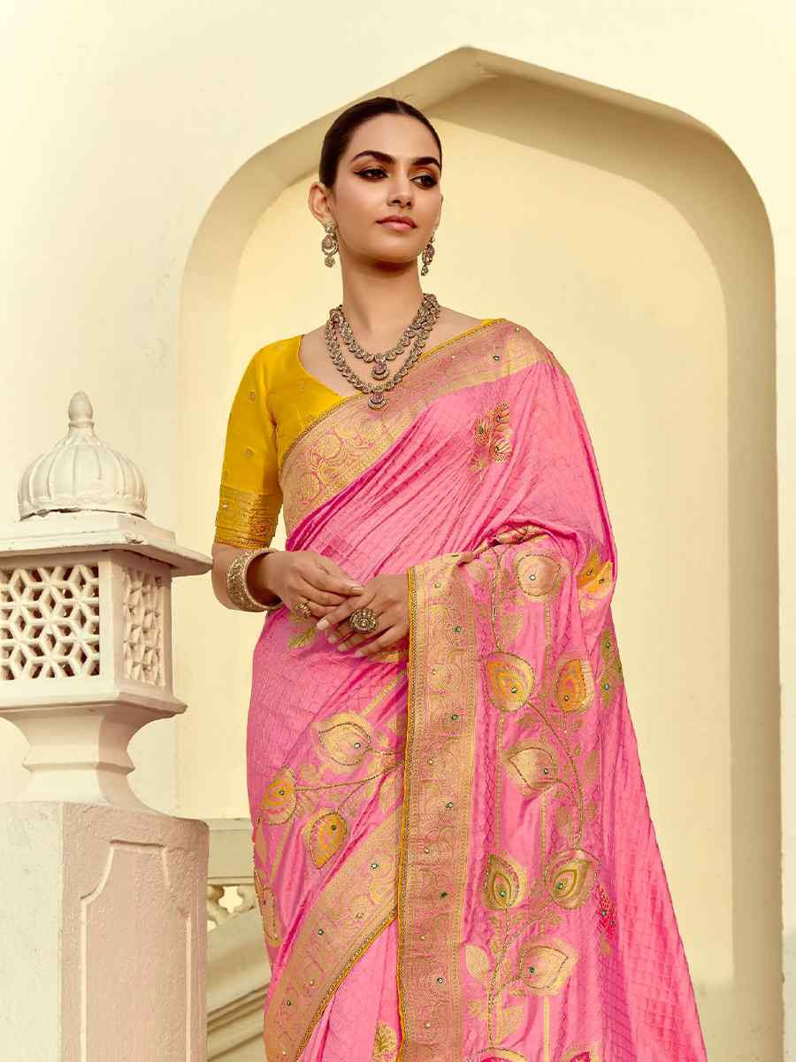 Light Pink Dola Silk Handwoven With Handwork Festival Wedding Fancy Heavy Border Saree