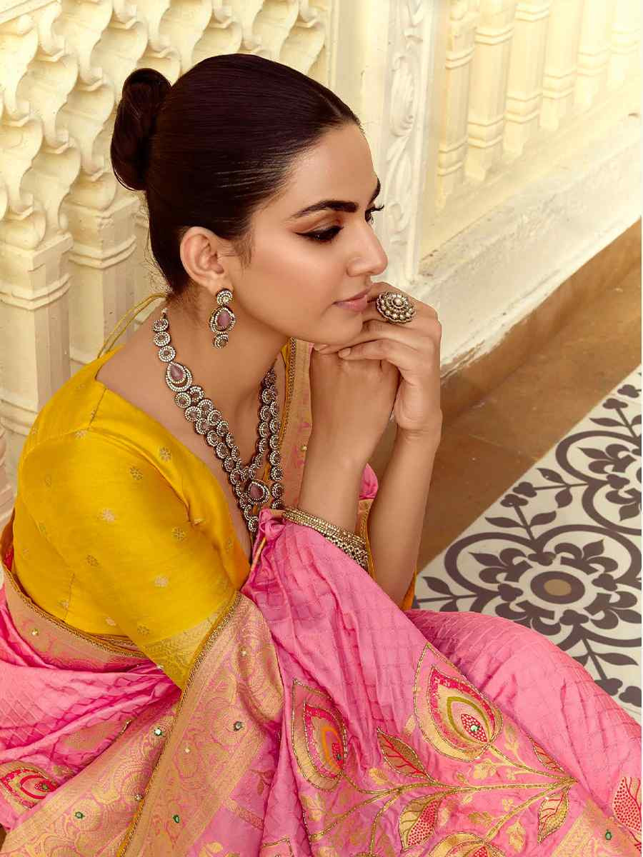 Light Pink Dola Silk Handwoven With Handwork Festival Wedding Fancy Heavy Border Saree