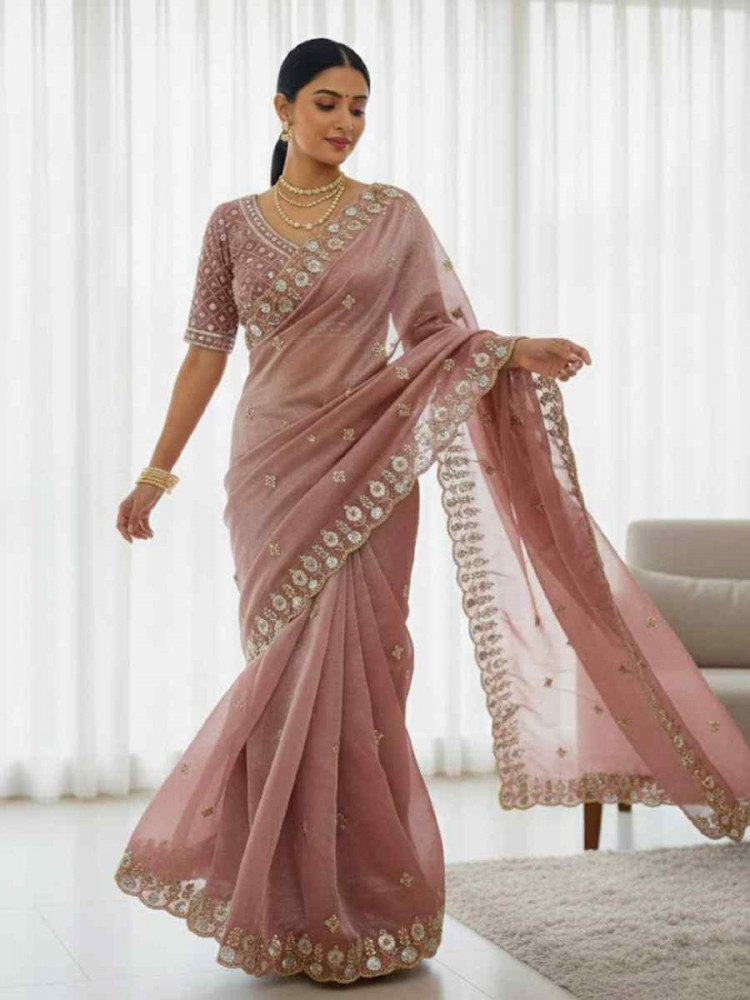 Image of Light Pink Fandy Satin Silk Zari Sequins Embroidery Reception Festival Wedding Party Fancy Heavy Border Sarees