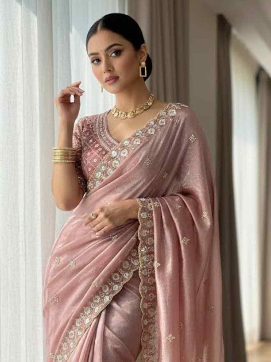 Light Pink Fandy Satin Silk Zari Sequins Embroidery Reception Festival Wedding Party Fancy Heavy Border Sarees