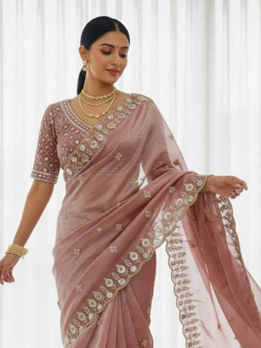 Light Pink Fandy Satin Silk Zari Sequins Embroidery Reception Festival Wedding Party Fancy Heavy Border Sarees