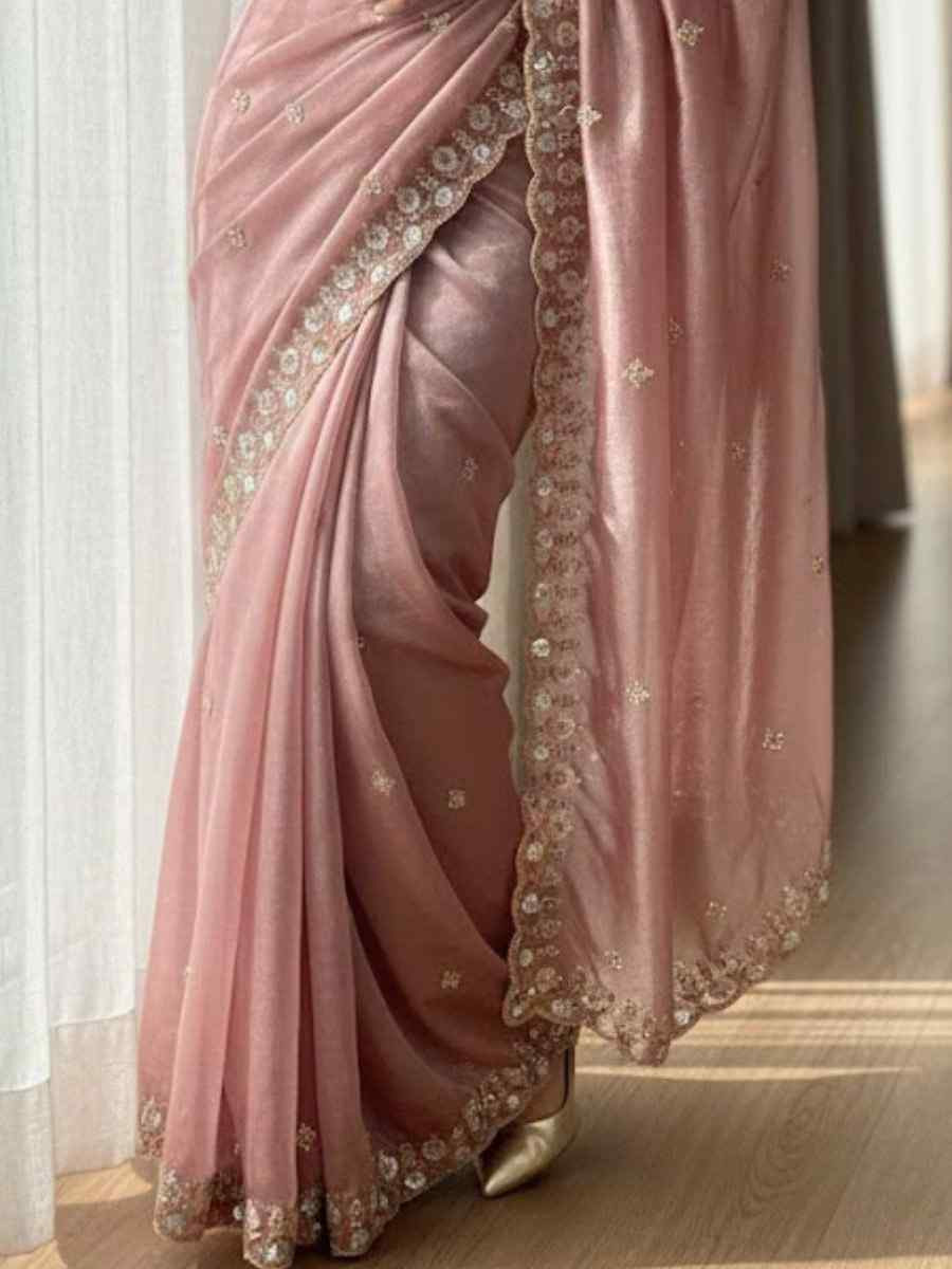 Light Pink Fandy Satin Silk Zari Sequins Embroidery Reception Festival Wedding Party Fancy Heavy Border Sarees
