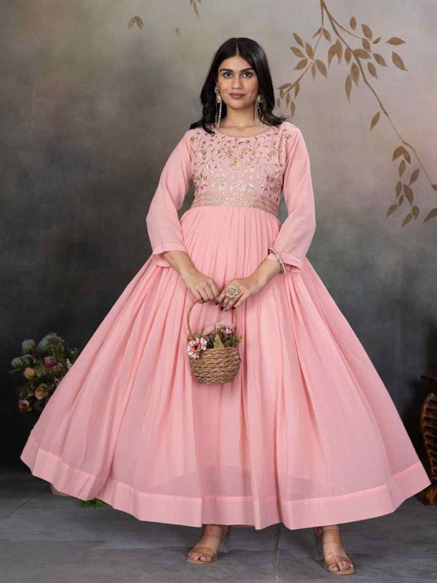 Light Pink Faux Georgette Embroidered Festival Casual Gown