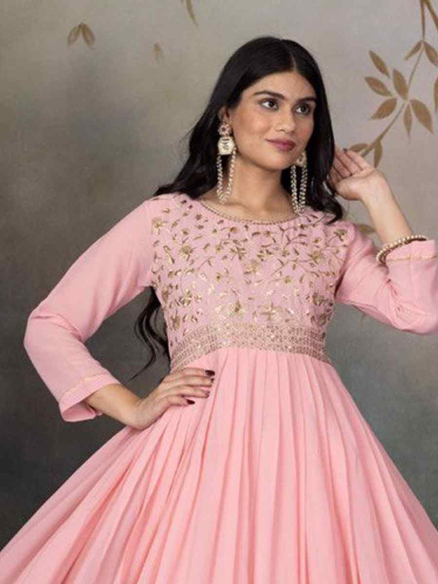 Light Pink Faux Georgette Embroidered Festival Casual Gown