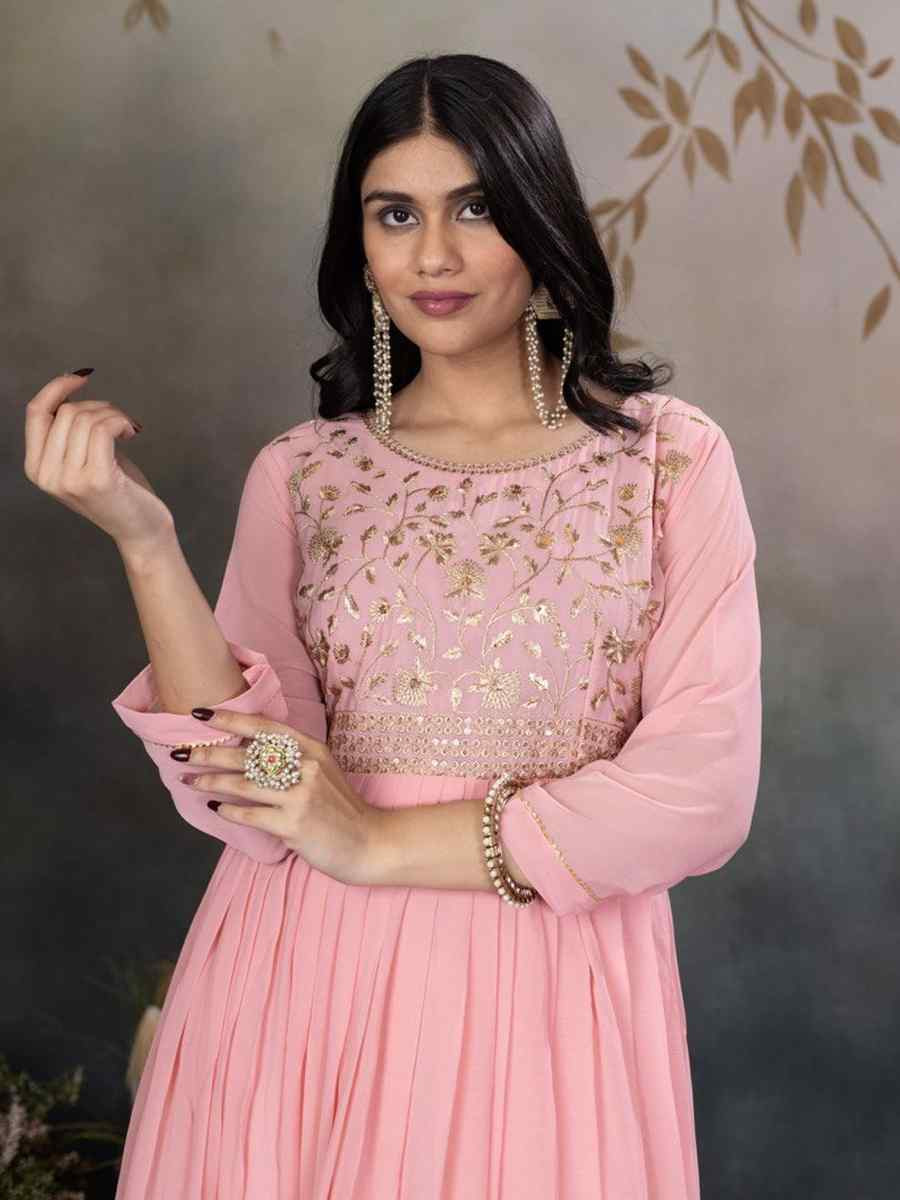 Light Pink Faux Georgette Embroidered Festival Casual Gown