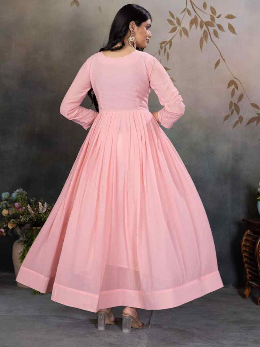 Light Pink Faux Georgette Embroidered Festival Casual Gown