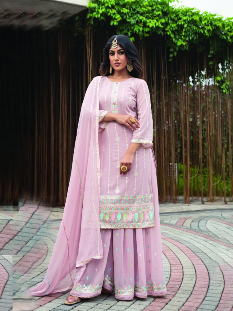Light Pink Faux Georgette Embroidered Festival Wedding Palazzo Pant Salwar Kameez