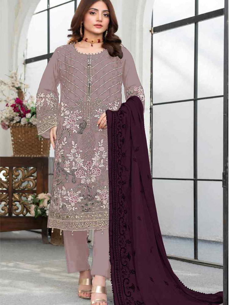 Light Pink Faux Georgette Embroidered Festival Wedding Pant Salwar Kameez