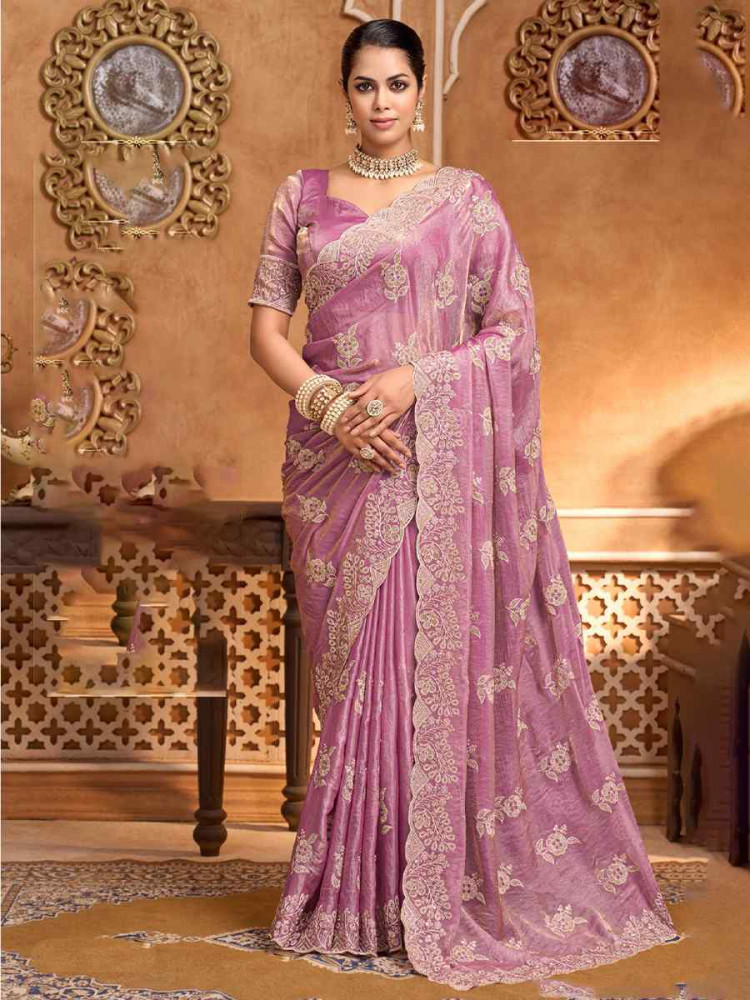 Image of Light Pink Fendi Satin Embroidery Bridal Reception Festival Wedding Fancy Heavy Border Saree