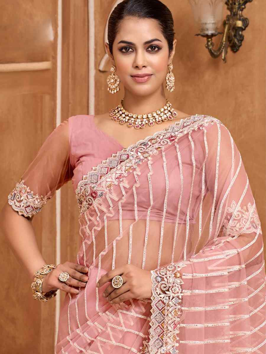 Light Pink Fendi Satin Embroidery Bridal Reception Festival Wedding Fancy Heavy Border Saree
